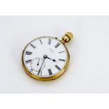 A late 19th century yellow metal open face pocket watch from Bennett of London, 45mm, cracked