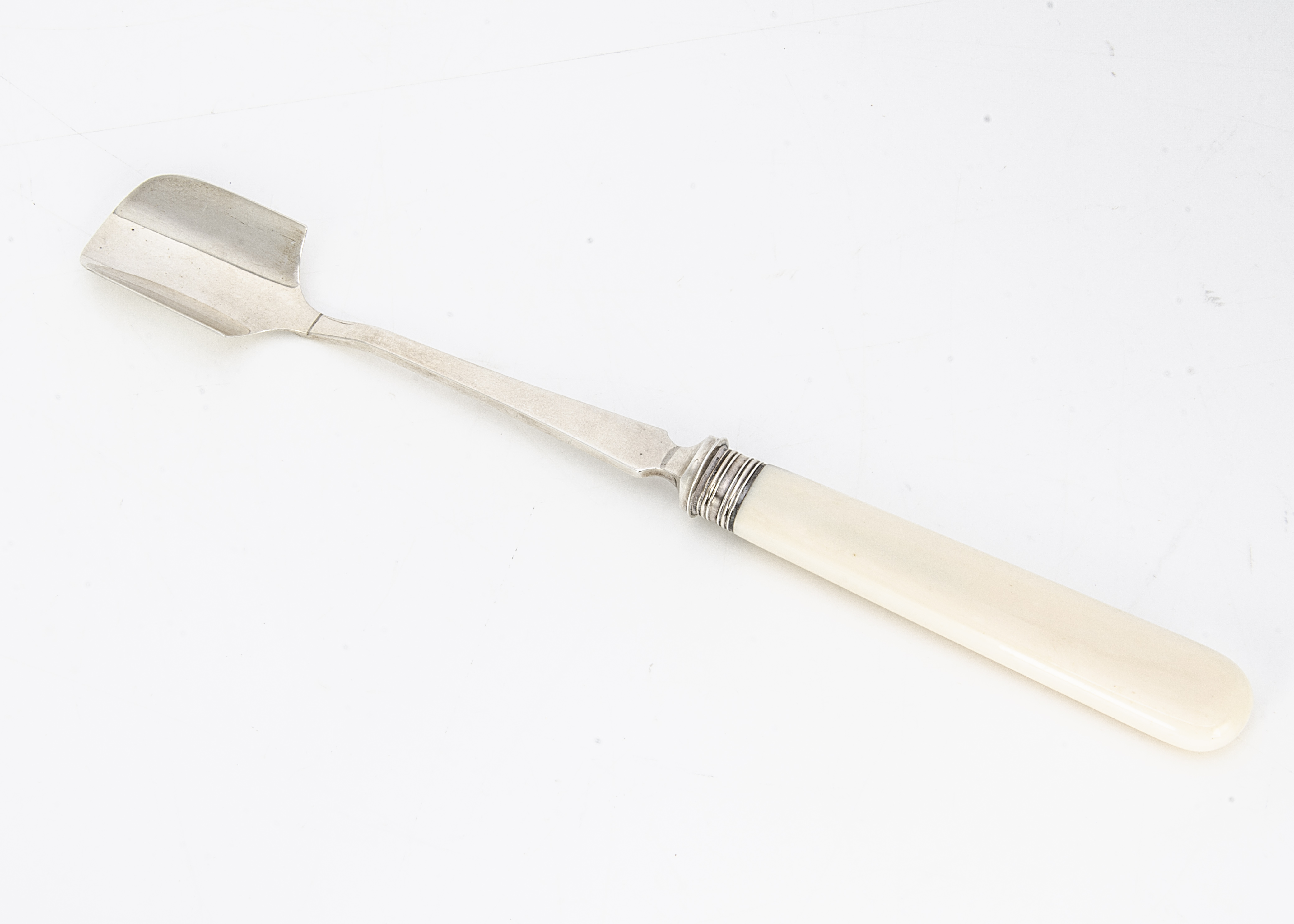 A late Victorian silver and ivory handled stilton scoop by James & William Deakin, 26cm long