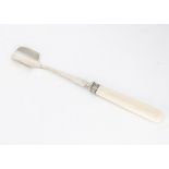 A late Victorian silver and ivory handled stilton scoop by James & William Deakin, 26cm long