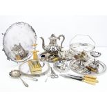 A collection of 19th & 20th century silver plated items, including a large tray, one handle loose,