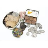 A collection of British coins and other coins, including a quantity of pre-1946 shillings, and