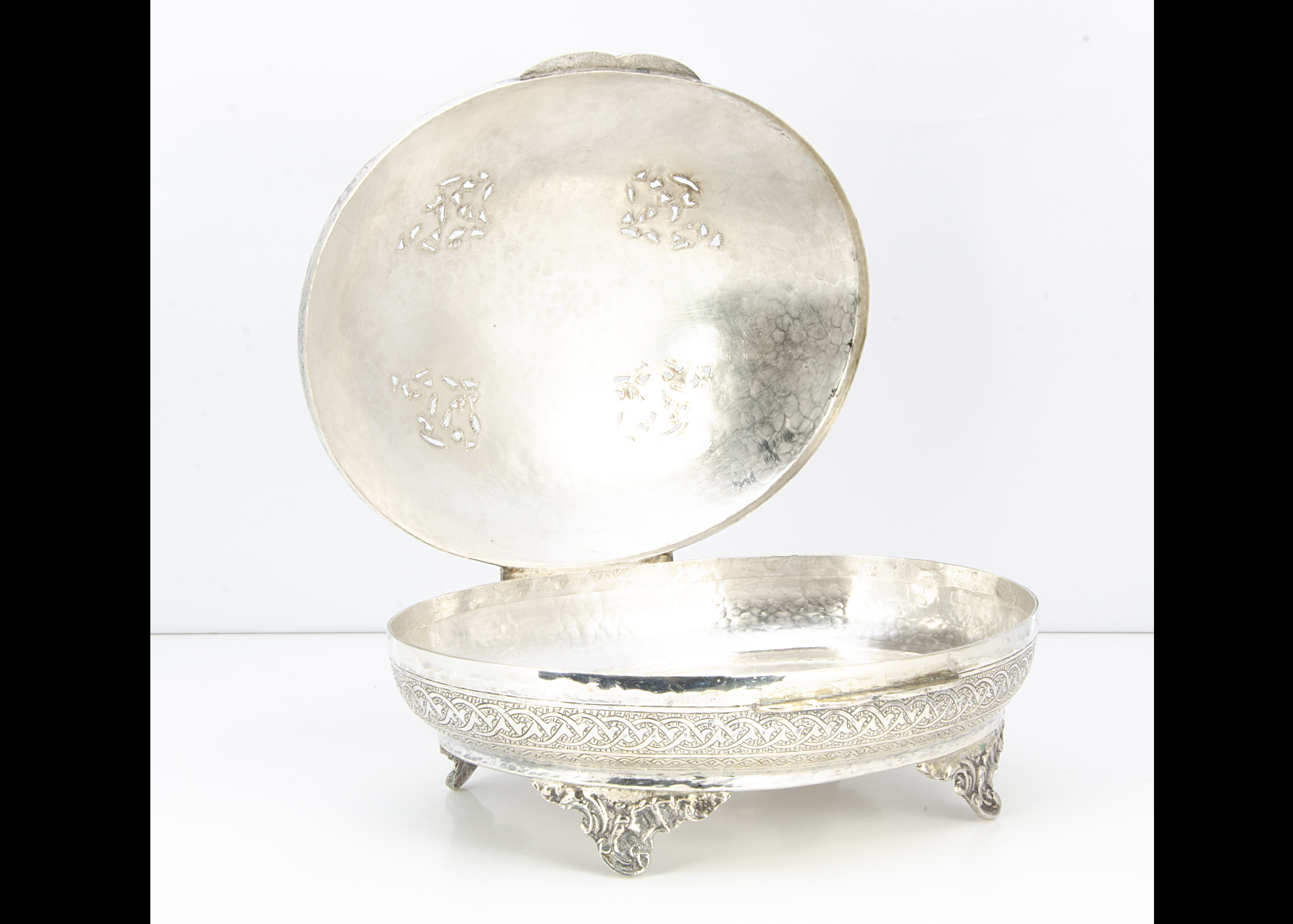 A c1970s century Egyptian white oval box, 30.7 ozt, and 25cm wide, with engraved and pierced - Image 2 of 2