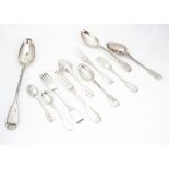 A harlequin Victorian and earlier silver part canteen of cutlery, 100 ozt, all plain Fiddle Pattern,