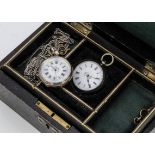 Two late 19th century continental silver ladies open face pocket watches, one a silver muff chain,