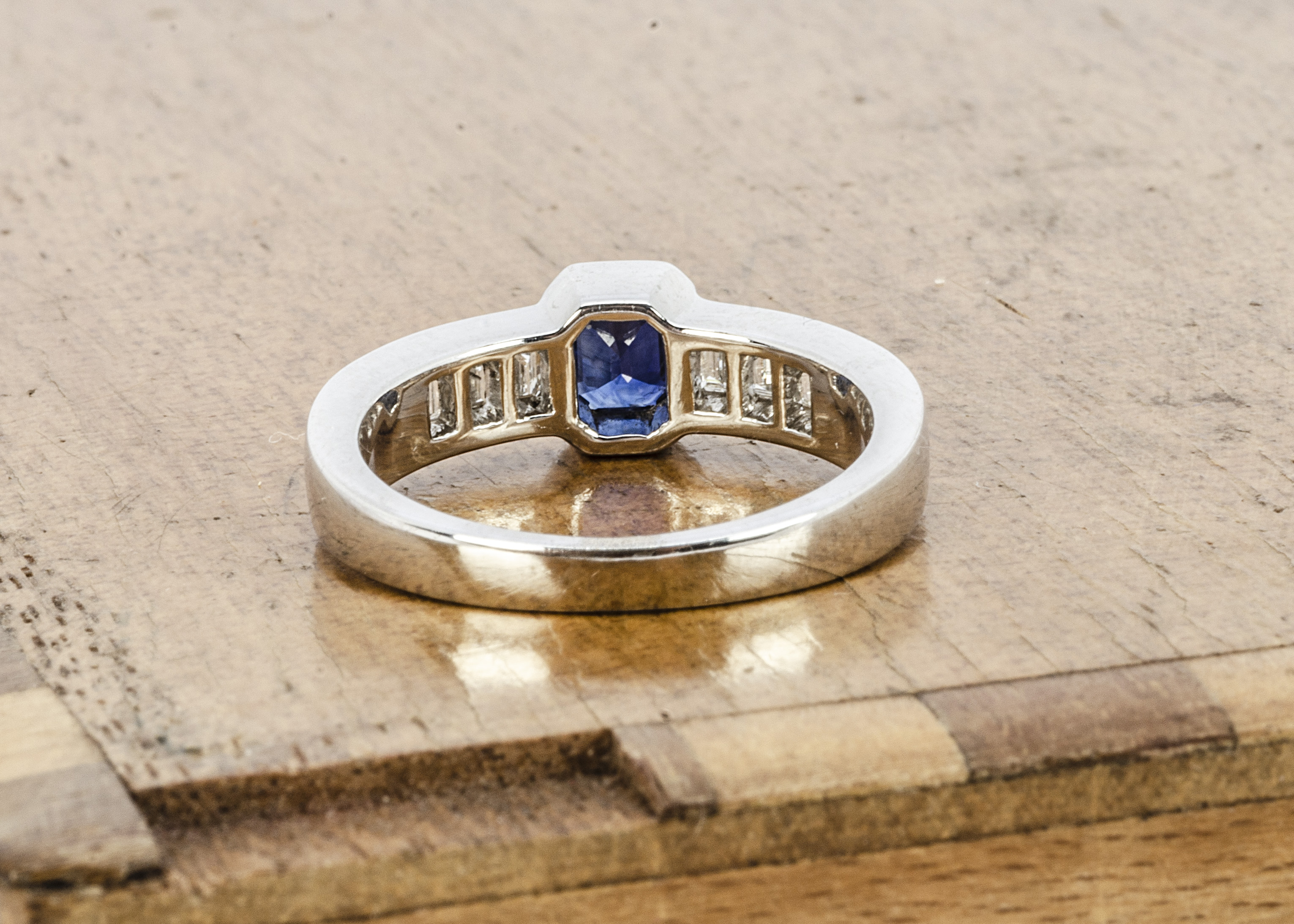 An 18ct white gold Art Deco style sapphire and diamond dress ring, the rectangular cut sapphire - Image 2 of 2