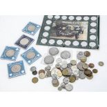 A collection of British and World coins and medallions, including a Shell Classic Car set in card,