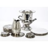 A silver plated Champagne bucket, together with a silver plated jug and several various sized silver