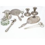 A small collection of silver and silver plated items, including two hand mirrors, a cut glass