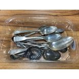 A group of silver spoons, 7.2 ozt, including a tea caddy spoon, a dessert spoon, teaspoons and