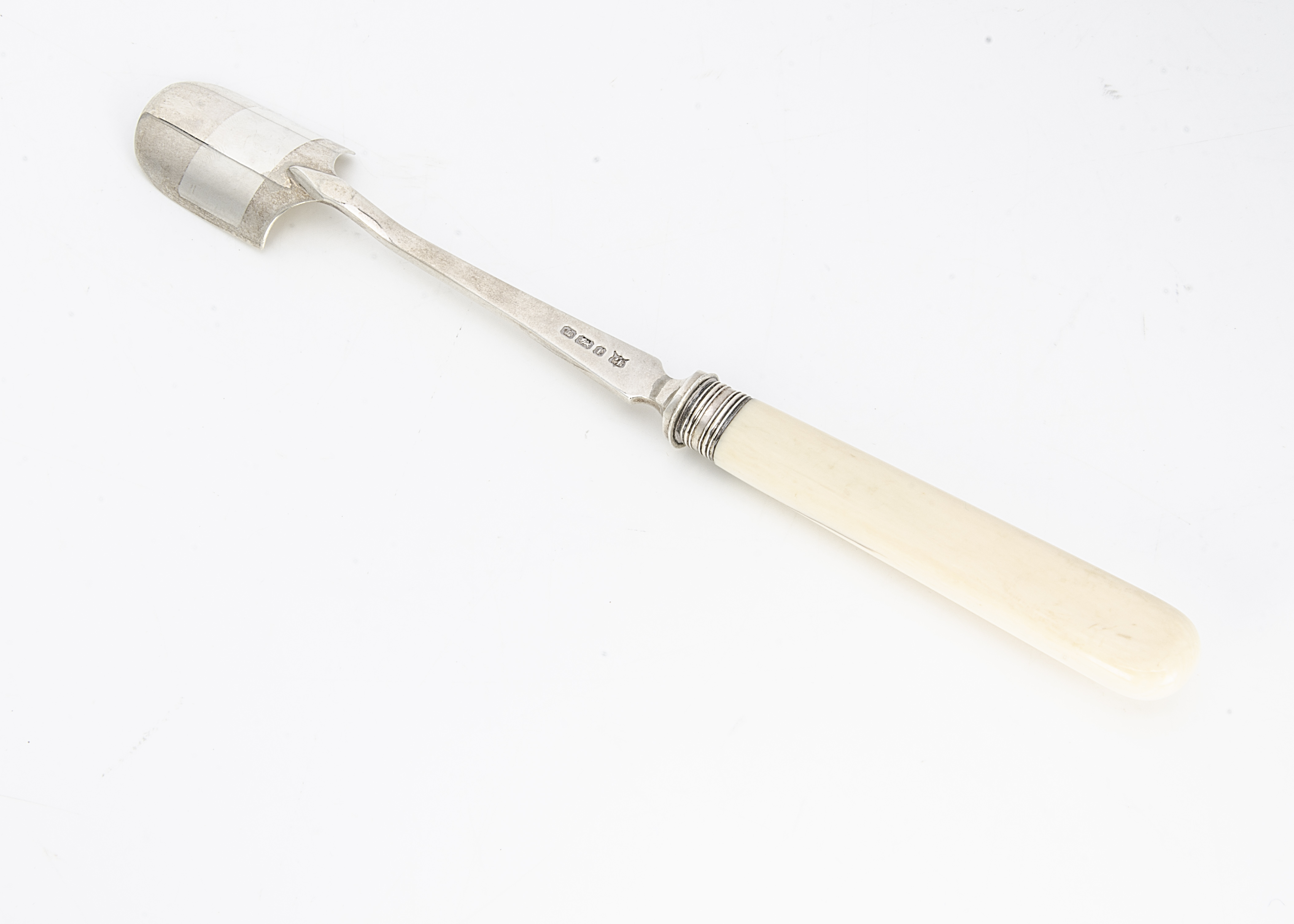 A late Victorian silver and ivory handled stilton scoop by James & William Deakin, 26cm long - Image 2 of 2