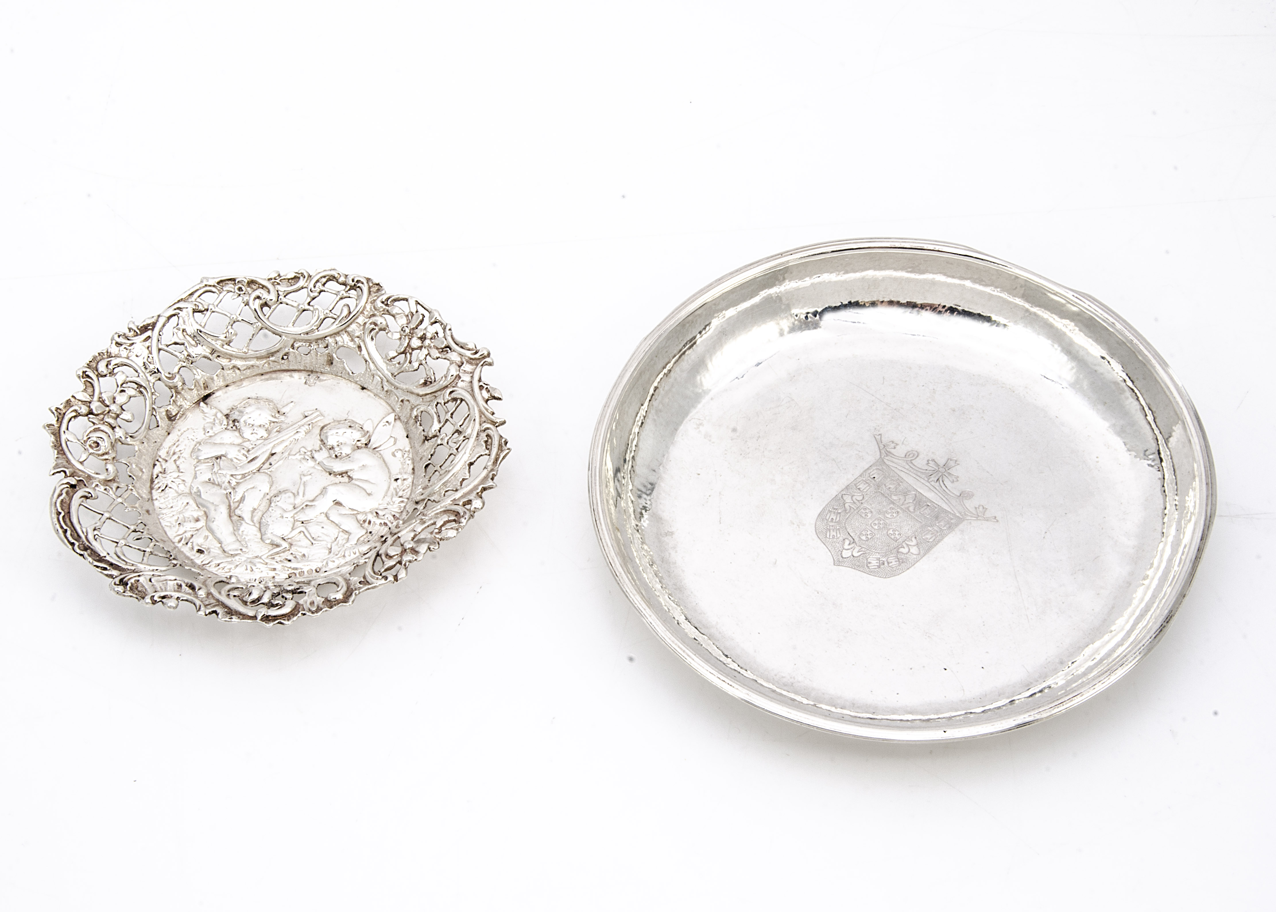 Two late 19th century continental white metal items, 6.79 ozt, one circular dish with coat of arms