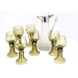 A late Victorian frosted glass and silver mounted Claret jug by B Bros, together with a set of six