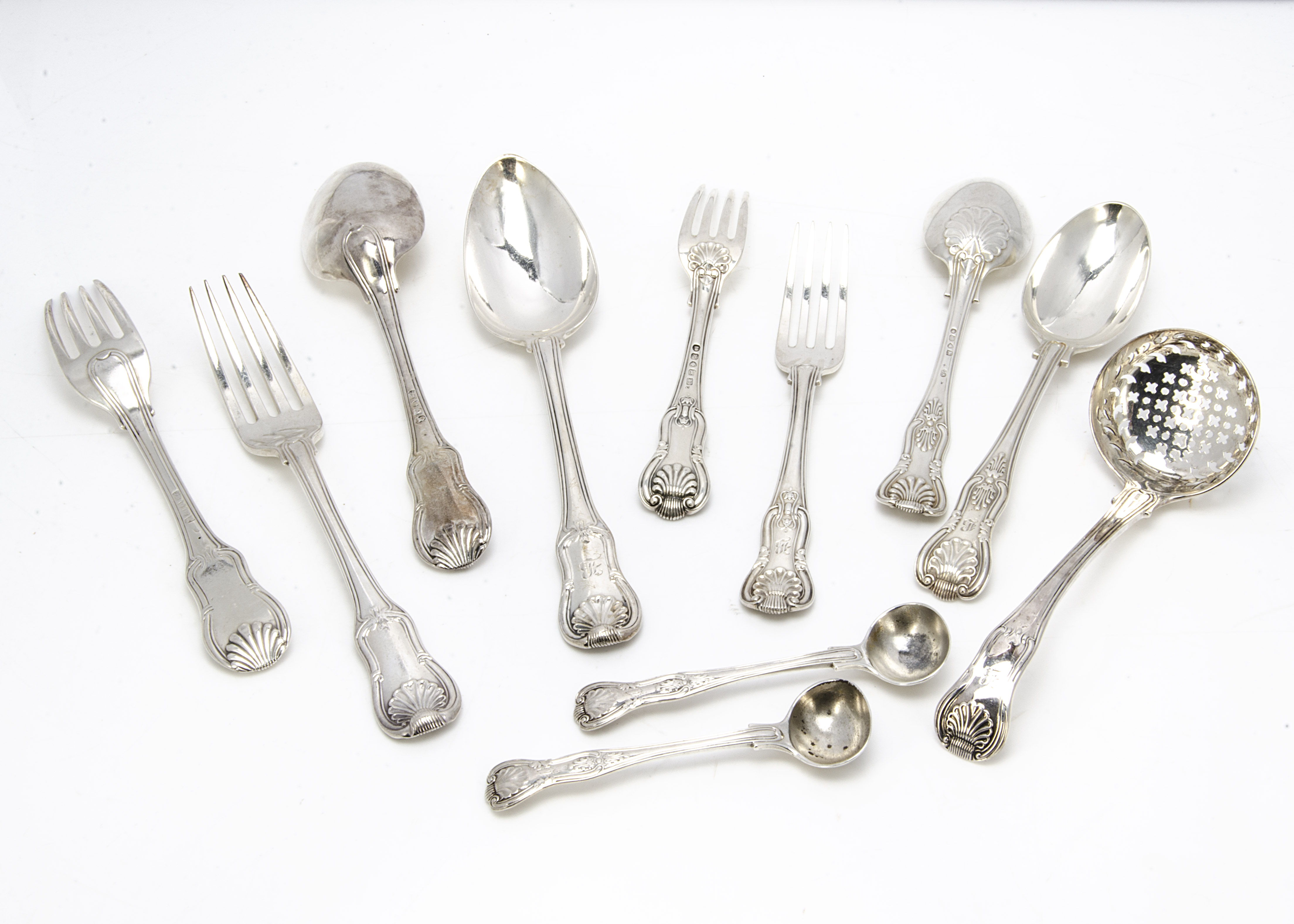 A George III and later harlequin silver part canteen for six, 67.5 ozt, in King's pattern or