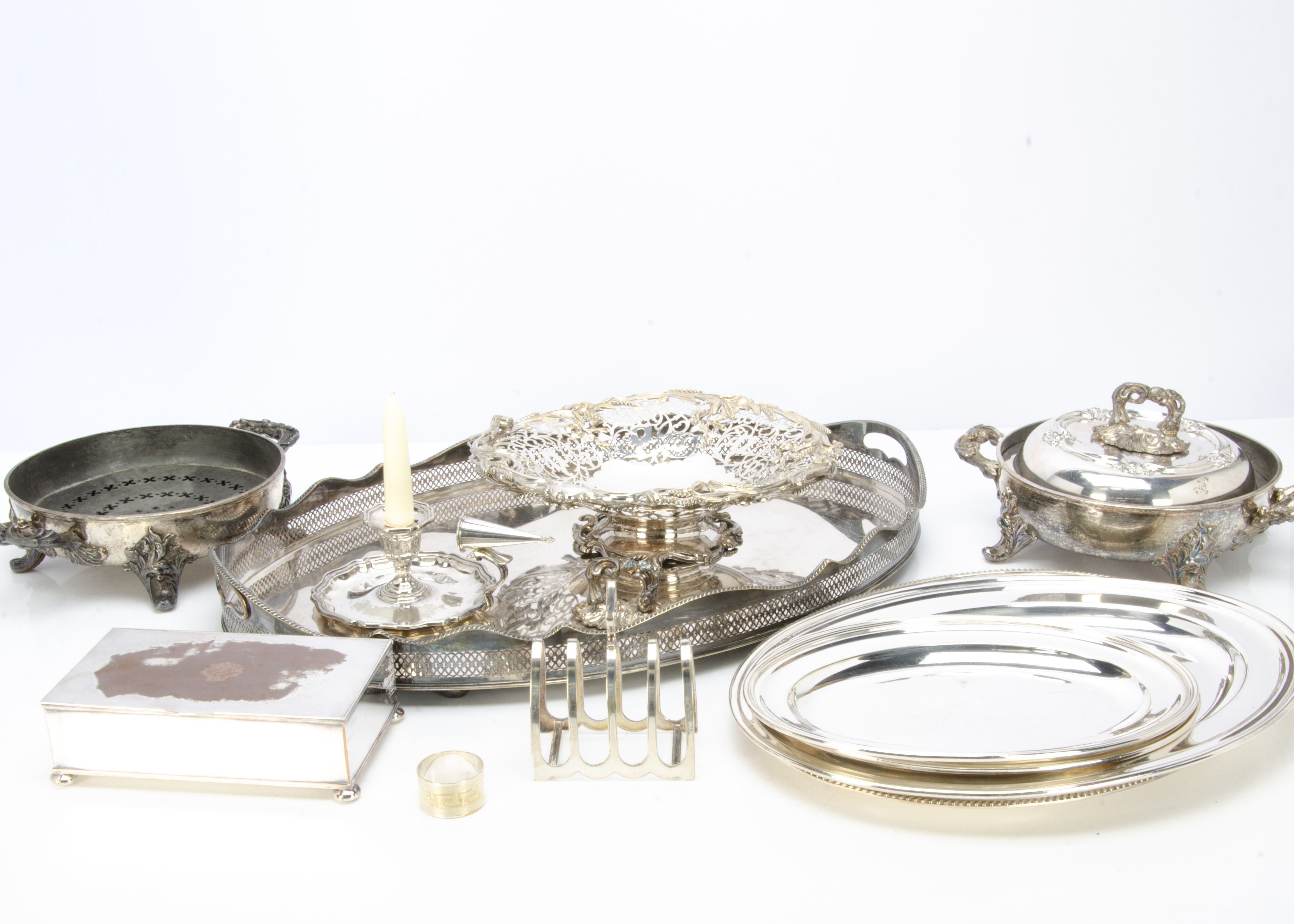 A collection of 19th & 20th century silver plate, including a Sheffield plate inkwell, a