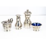 A George V silver three piece cruet set by HA, together with a modern silver pepper mill (4)