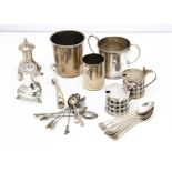 A collection of silver, including a silver sugar basin, a nice set of six coffee spoons, a pair of