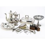 A collection of silver and silver plate, including an Edwardian silver hair brush and hand mirror,