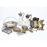 A collection of silver and silver plate, including two silver backed hair brushes, a cut glass and