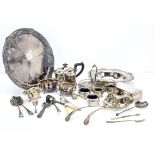 A collection of Victorian and later silver plated items, including a pair of cauldron salts, a