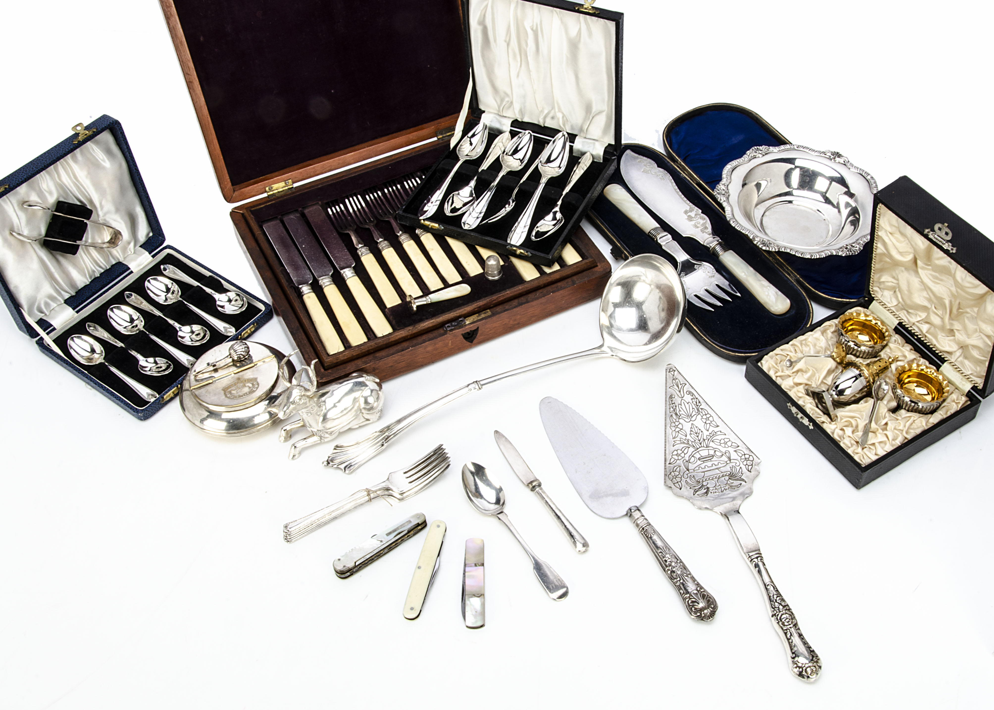 A collection of silver and silver plate and other items, including a Victorian dessert set, a Star