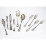 A harlequin set of twelve George III and Victorian forks, 25.1 ozt, old English pattern, various