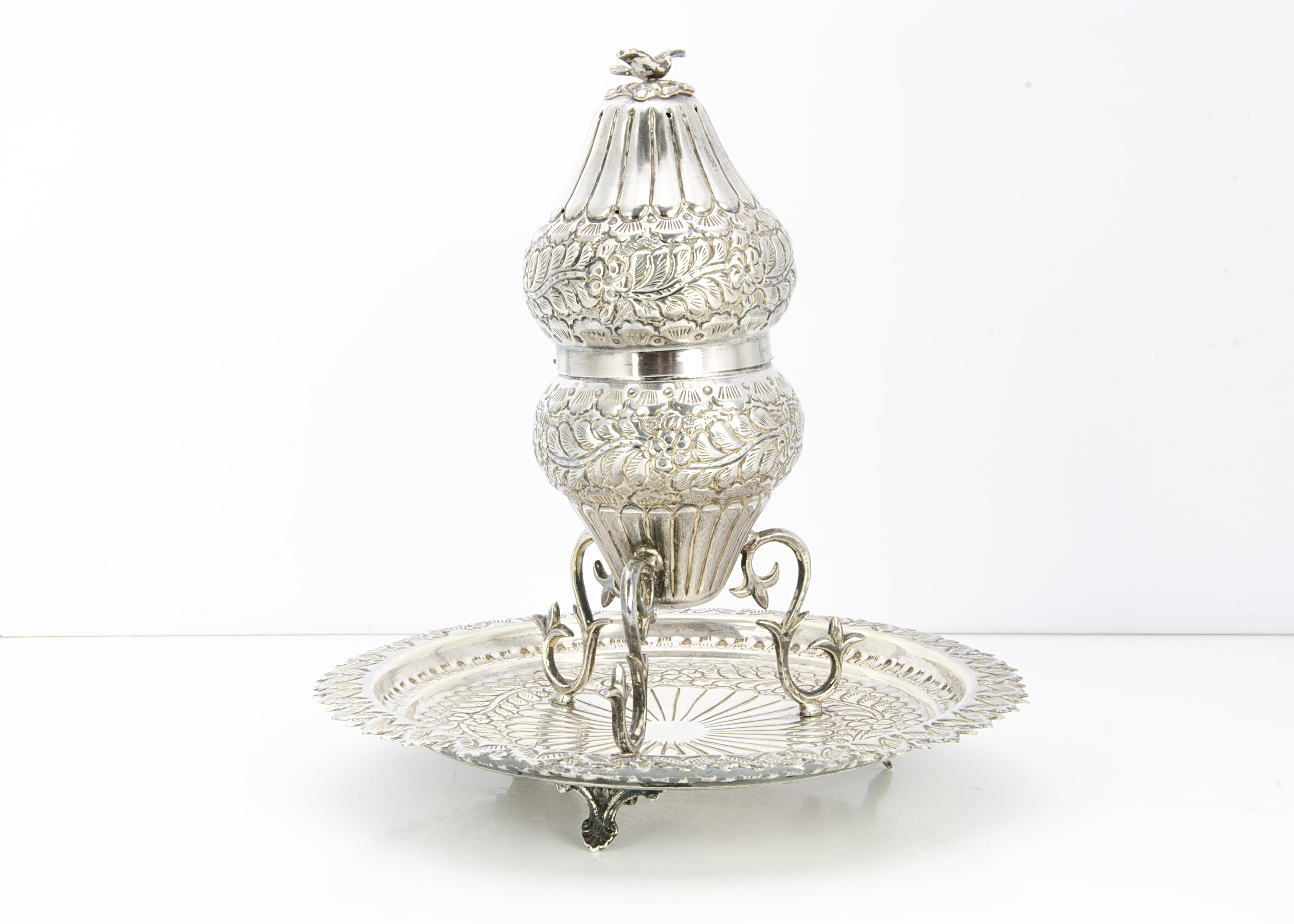 A vintage Middle Eastern white metal incense burner on stand, 27.77 ozt, and 23cm high and 23cm