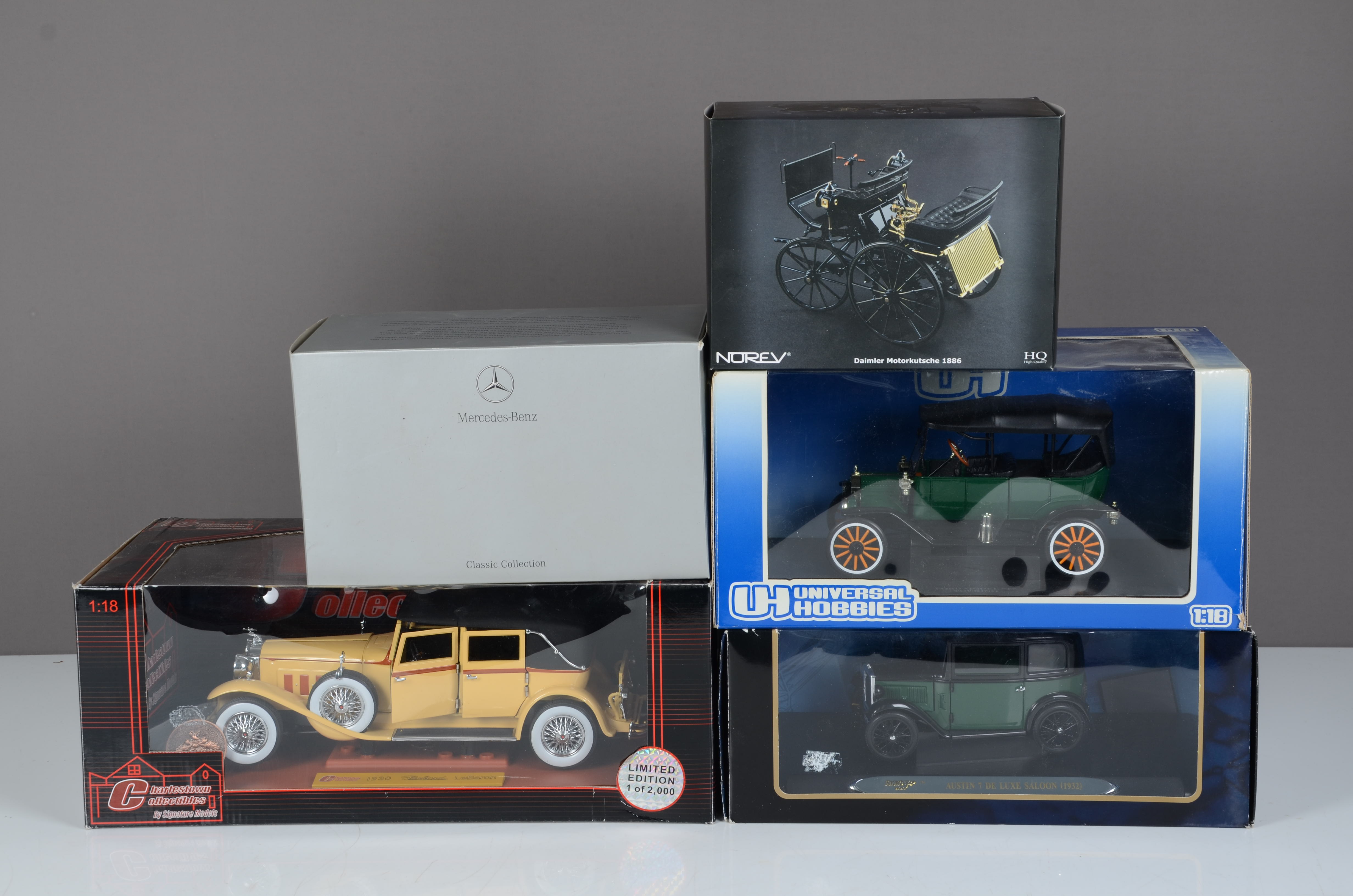 1:18 Scale Victorian and Later Vehicles, a boxed group comprises Norev Daimler Motorkutsche 1886,