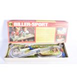 Biller-Sport 1420 plastic and Metal battery operated slot car set, comprises vacuum formed plastic