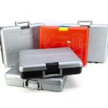 Five Plastic Meccano carry cases each with various quantities of modern Meccano, four grey and one