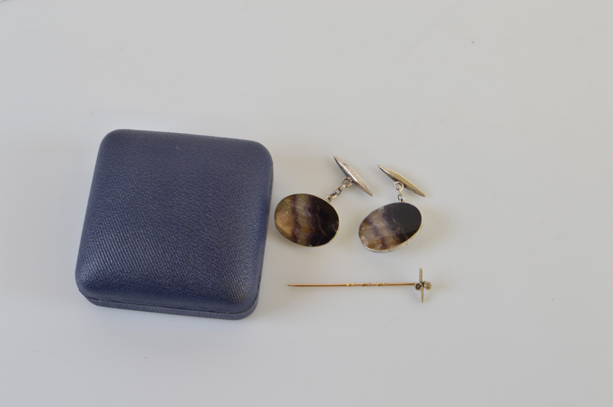 A pair of unmarked silver and blue john cufflinks, 2.5cm x 2cm, together with a yellow and white