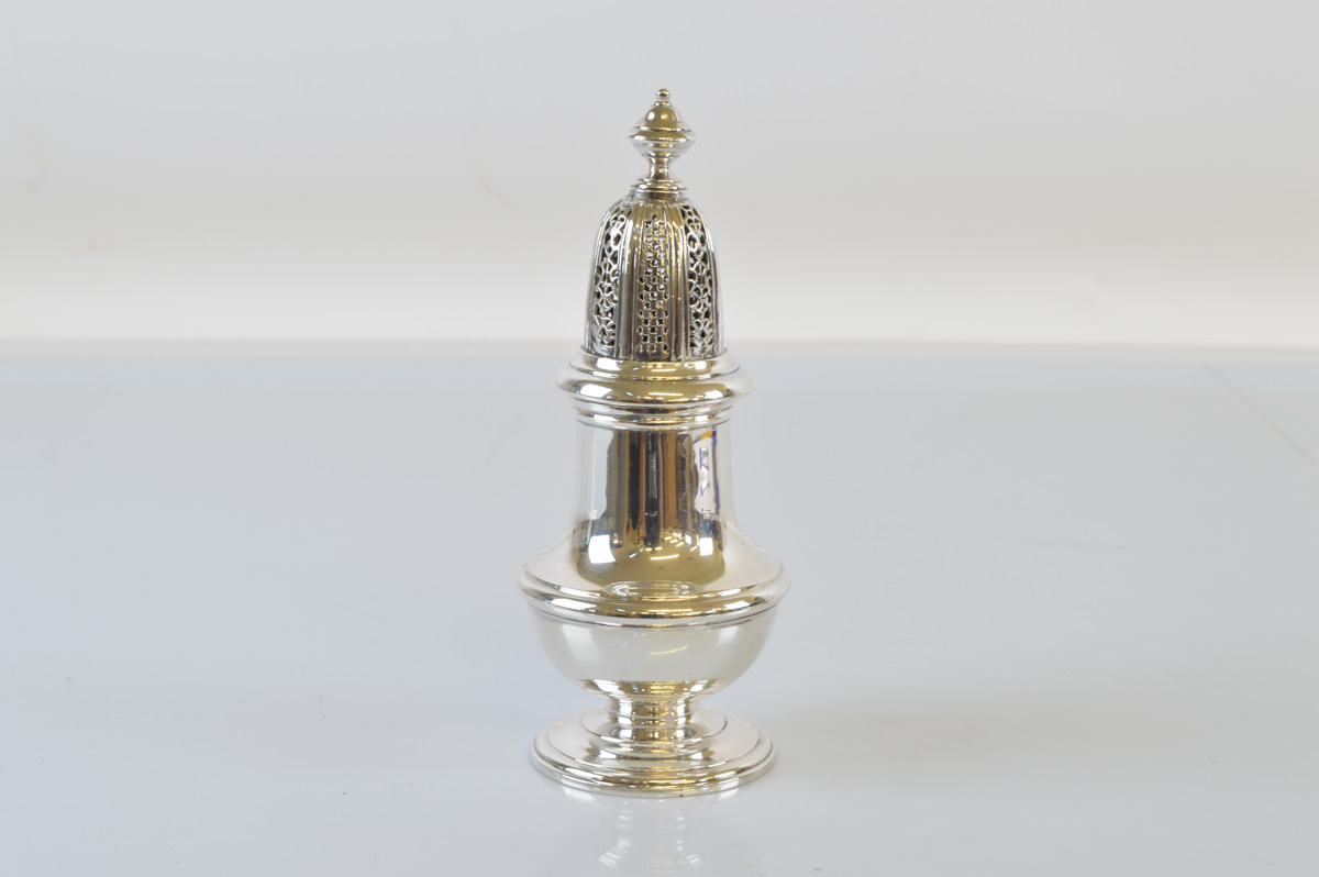 A contemporary silver sugar sifter, in the Queen Anne style, having pierced, domed pull-off lid with