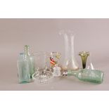 Two vintage Chemist galss bottles by W.O.Smith, together with a selection of glassware, including an