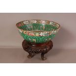 An Art Deco period Chinese Canton porcelain bowl, 26cm diamter, with cabbage leaf and butterfly