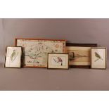 Five works of art, including a dry point etching of the Italian Lakes, an embroidered map of London,