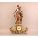 A large Art Nouveau period bronzed spelter and marble mantle clock, 72cm, with figure of Liberty and