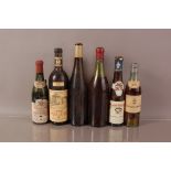 Six vintage bottles of spirits and wine, two of which are unlabelled, but one marked Mise Maison L'