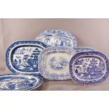 Six Victorian and later blue and white pottery meat and serving dishes, including a pair with