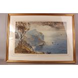 British School (20th century), 49cm by 79cm, watercolour on paper, Dusk Coastal Landscape, framed