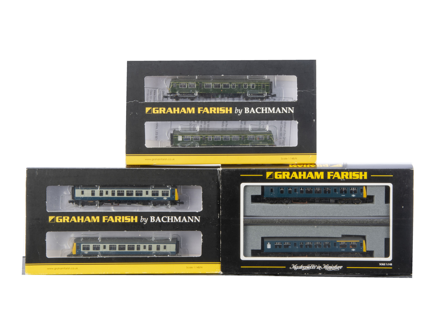 Graham Farish N Gauge BR DMUs, three cased examples 371-503 Class 101 Power Twin DMU Express Parcels