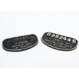 Cast Iron Wagon Plates, two examples one inscribed 113033 12 tonnes Shildon 1983 Lot No 4030 the