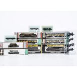 Graham Farish N Gauge Steam Locomotives with Tenders and Lima and Peco Coaches and Wagons, a boxed/