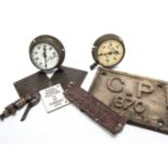 Brass Cased Gauges Victorian Cast Iron Plate Railcar Brake Notices and Other Items, a cast iron