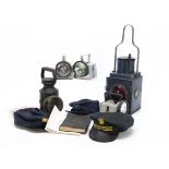 BR Signal Lamps Caps and Other Items, a black tin signal lamp with loop handle with four interior