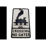 Original Train Level Crossing Sign, a cast alloy rectangular post mounted sign black on white