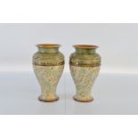 A pair of Royal Doulton Slaters Patent vases, having green top section to baluster body with gilt