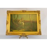 Oil on canvas, Woodland Nymph, tossing petals in the river, gilt framed. Inscribed Ophelia to back