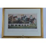 A limited signed print, "Call To Glory" The Queen Mother Champion Chase by D.M. Dent, with various