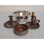 A silver plated twin handled Art Deco bowl, together with a silver and mahogany wine bottle