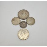 A collection of five German silver milled coins, including Five Mark Ludwig II, Three Mark Otto