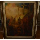 Toon Kelder (1894-1973), oil on canvas, crucifixion scene, with figures and children to foreground